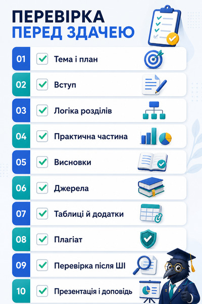 Інфографіка з чек-листом перевірки дипломної роботи перед здачею