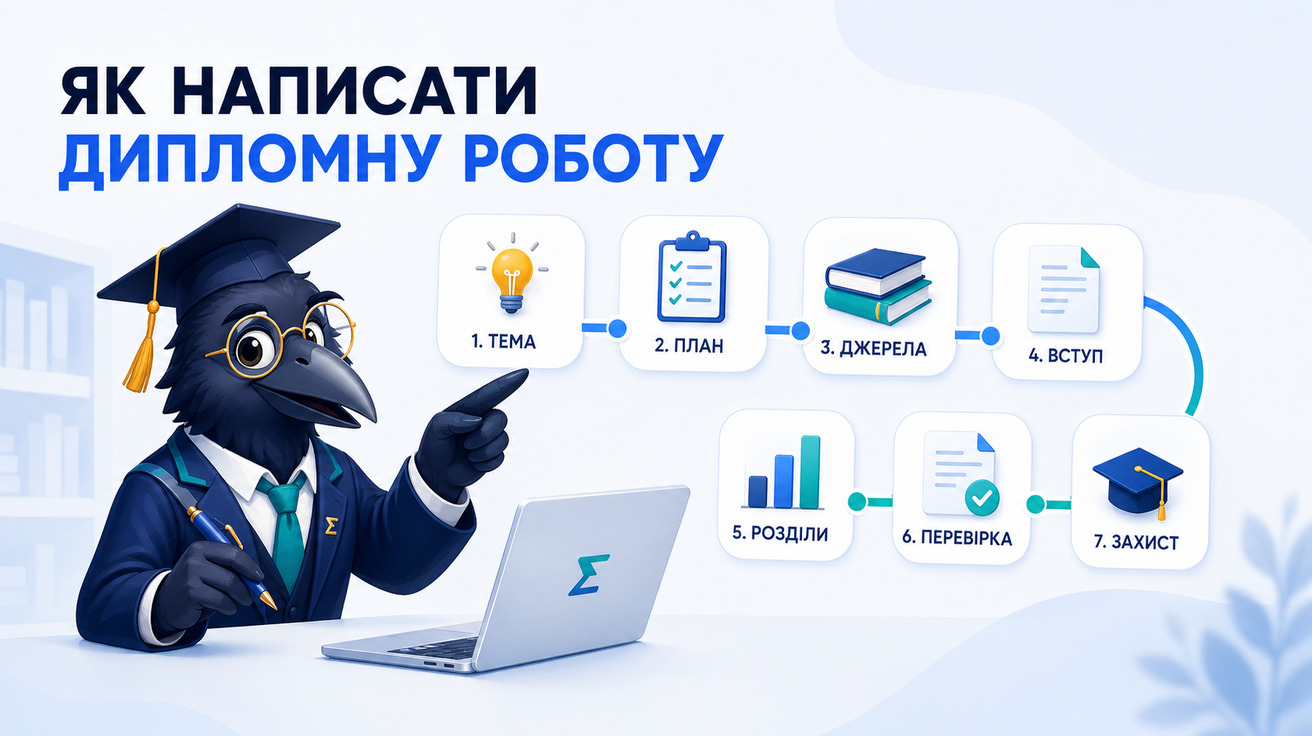 Ворон-аналітик показує студенту покрокову карту написання дипломної роботи у 2026 році