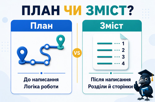 Інфографіка пояснює різницю між планом дипломної роботи та змістом готового документа