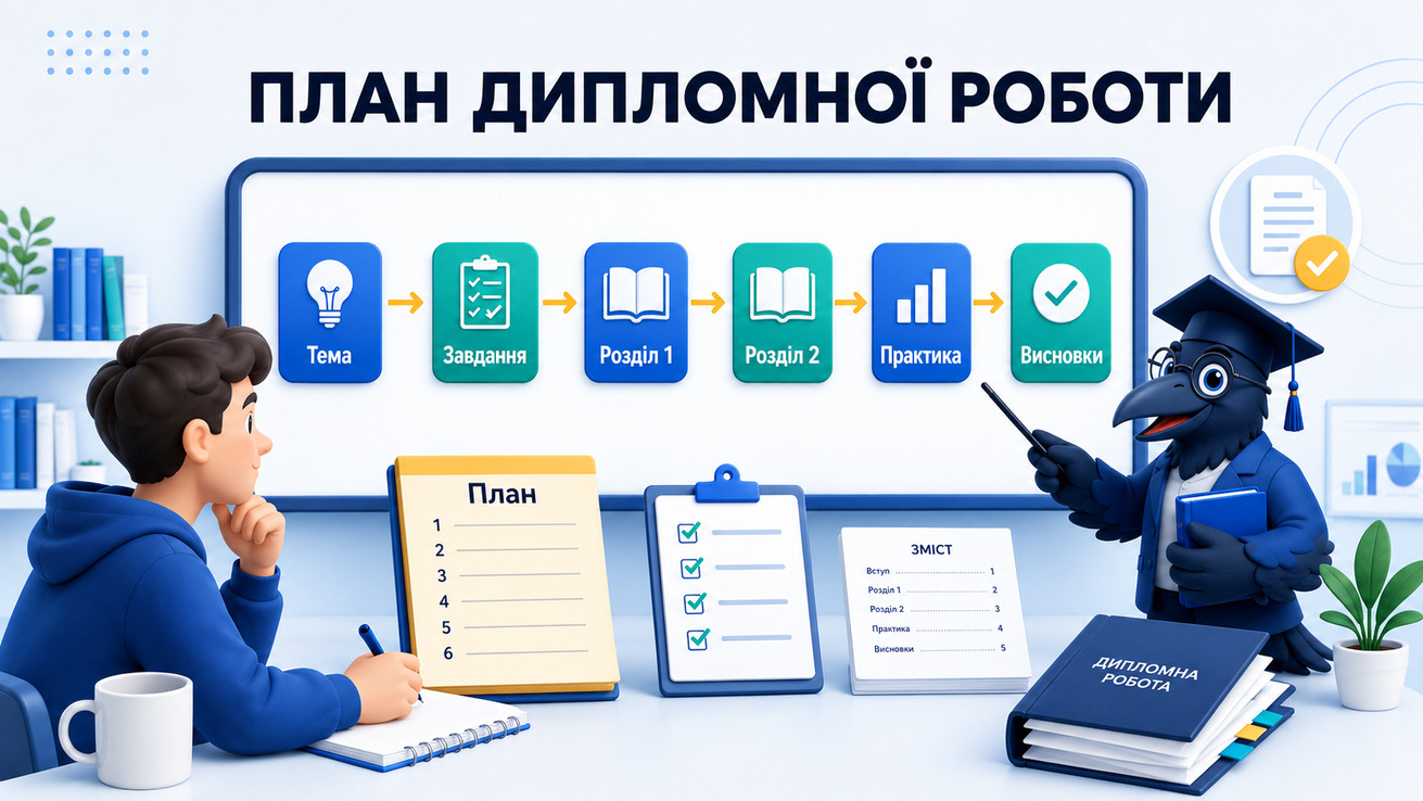 Ворон-аналітик в академічній шапочці пояснює, як скласти план дипломної роботи