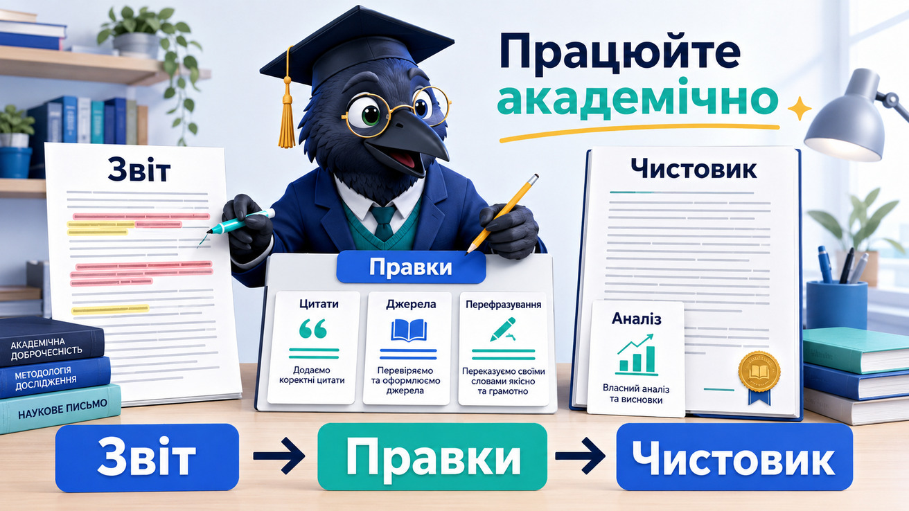 Ворон-аналітик доопрацьовує дипломну після звіту Антиплагіату