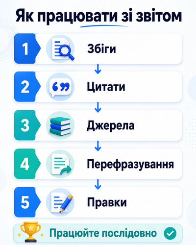 Інфографіка з етапами роботи зі звітом Антиплагіату