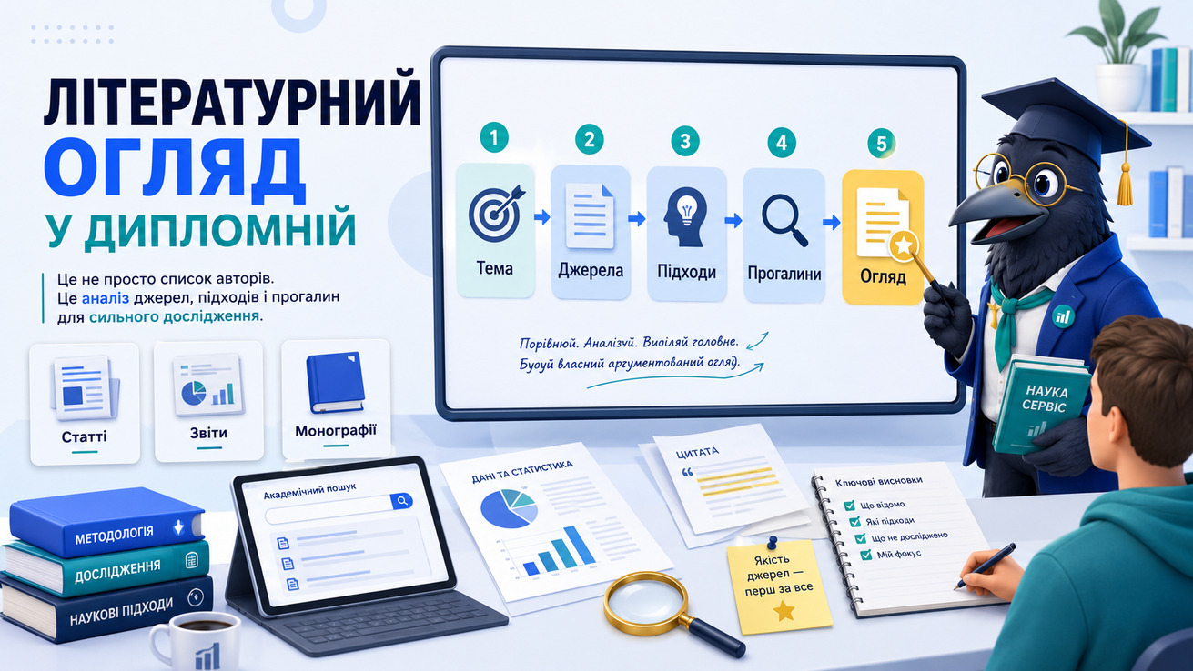 Ворон-аналітик в академічній шапочці допомагає підібрати джерела та написати літературний огляд до дипломної роботи