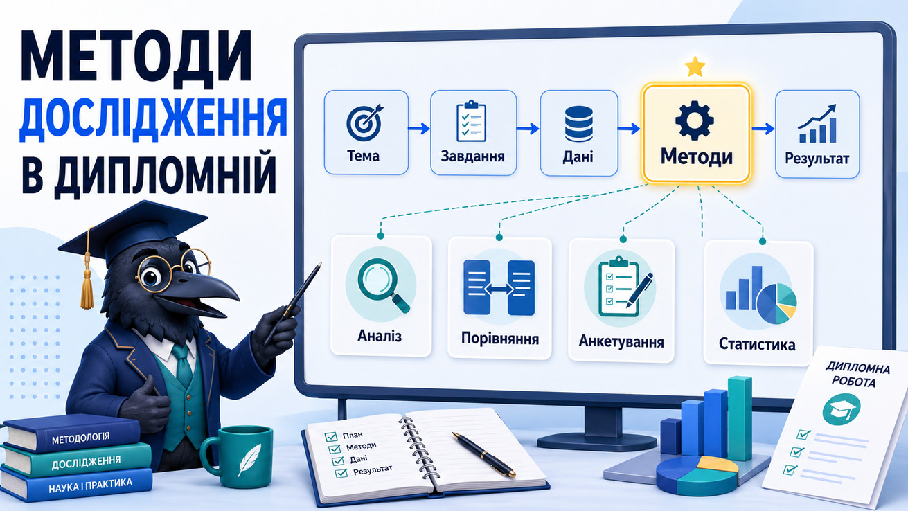 Ворон-аналітик в академічній шапочці пояснює, як обрати методи дослідження для дипломної роботи