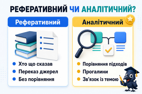 Інфографіка пояснює різницю між реферативним і аналітичним літературним оглядом у дипломній роботі
