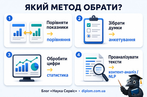 Інфографіка показує основні види методів дослідження в дипломній роботі