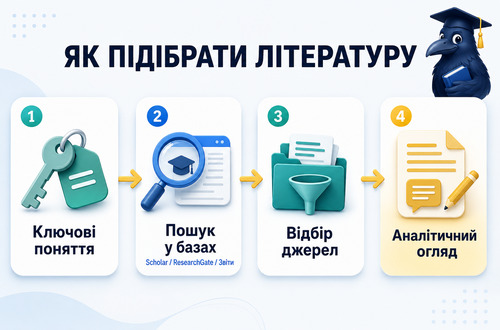 Інфографіка показує покроковий підбір літератури до дипломної роботи