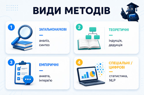 Інфографіка пояснює, який метод дослідження обрати для різних завдань у дипломній роботі