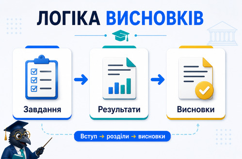 Інфографіка показує логіку висновків дипломної роботи: завдання, результати та фінальні висновки