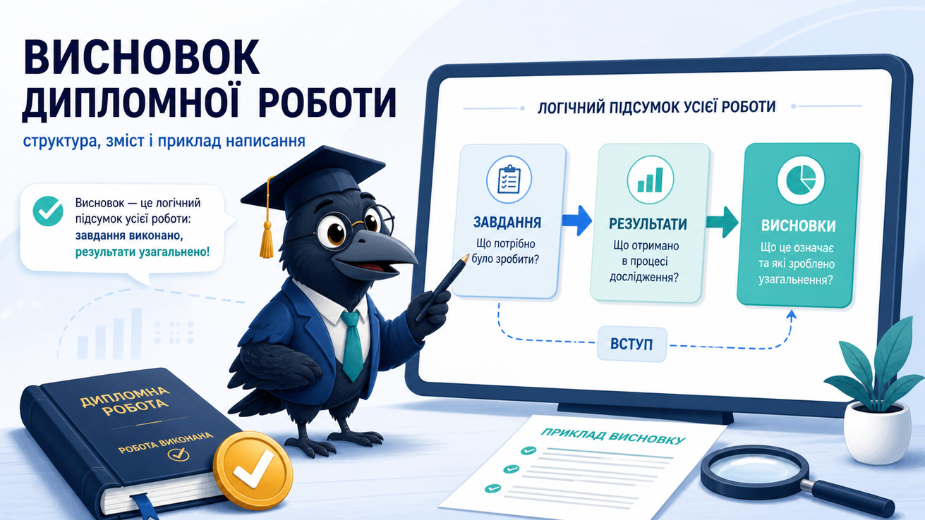 Ворон-аналітик в академічній шапочці показує, як пов’язати завдання, результати й висновки дипломної роботи