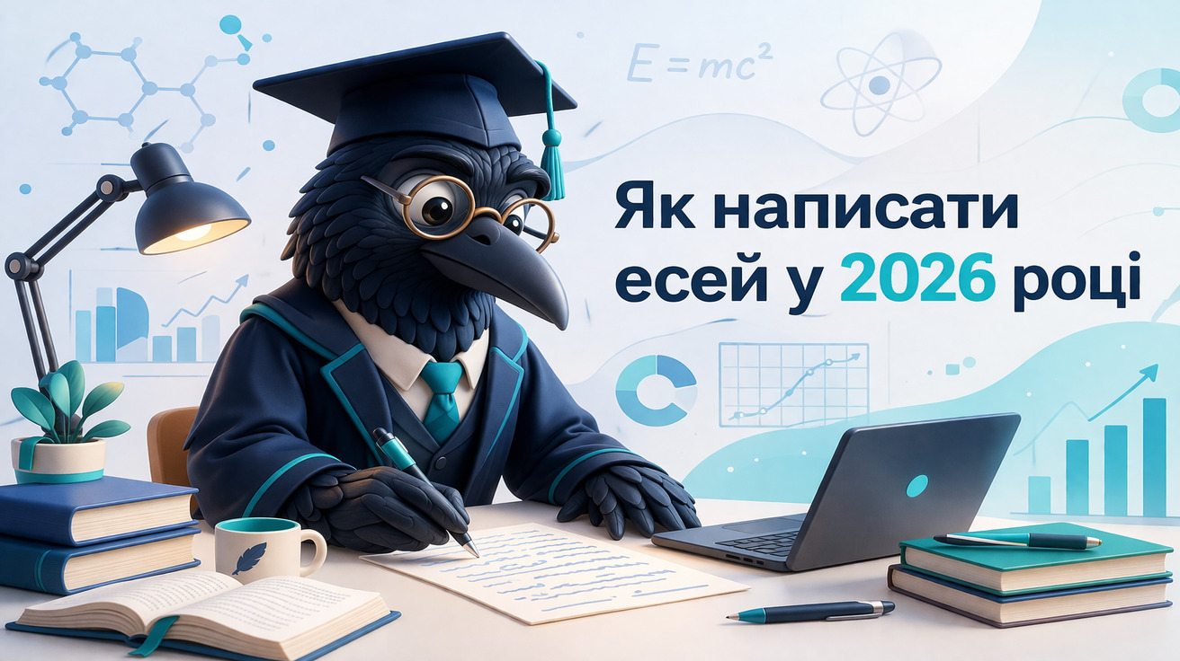 Ворон-науковець у академічній шапочці пише есей за столом із ноутбуком на світлому науковому фоні