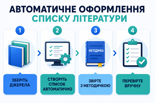 Інфографіка з 4 кроками автоматичного оформлення списку літератури до дипломної роботи