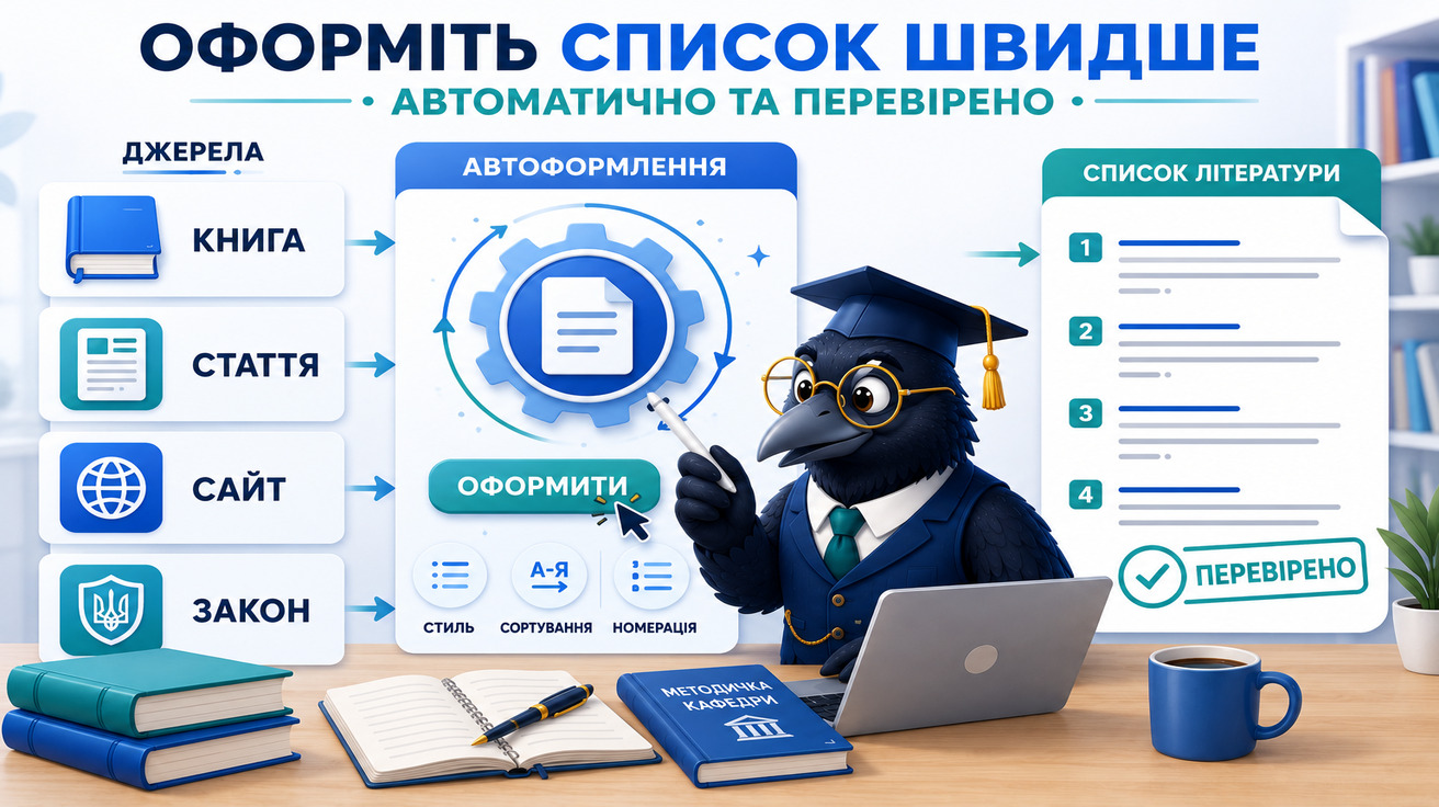 Ворон-аналітик автоматично оформлює список літератури до дипломної роботи з різних джерел