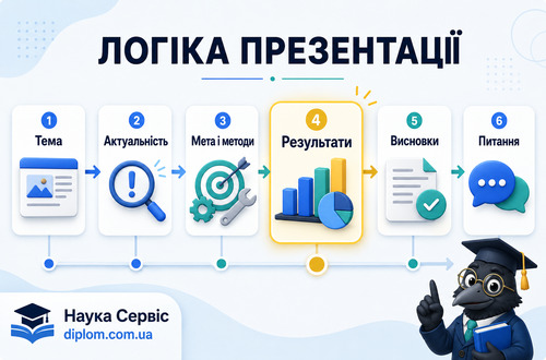 Інфографіка показує логіку презентації до захисту дипломної роботи від теми до висновків і питань комісії