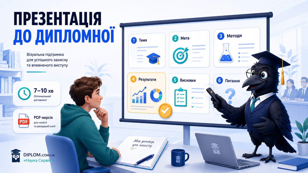 Ворон-аналітик в академічній шапочці допомагає підготувати презентацію до захисту дипломної роботи