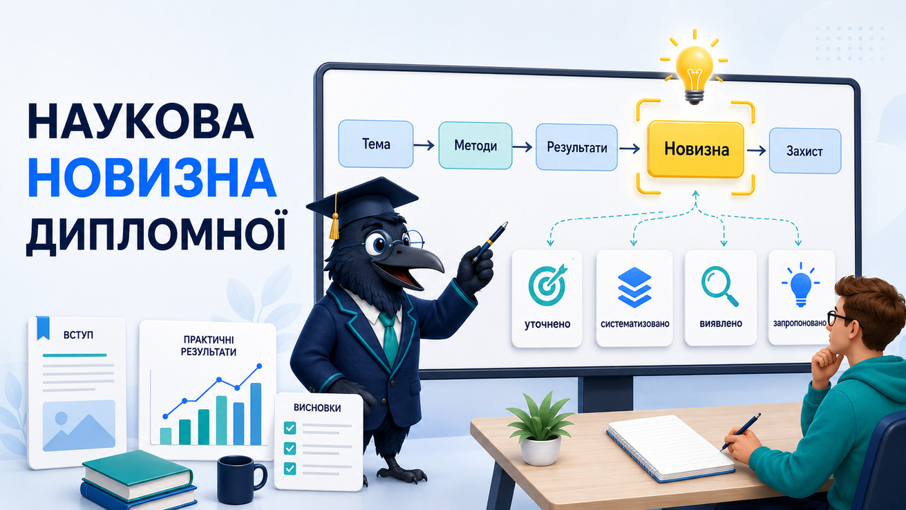 Ворон-аналітик в академічній шапочці допомагає студенту сформулювати наукову новизну дипломної роботи