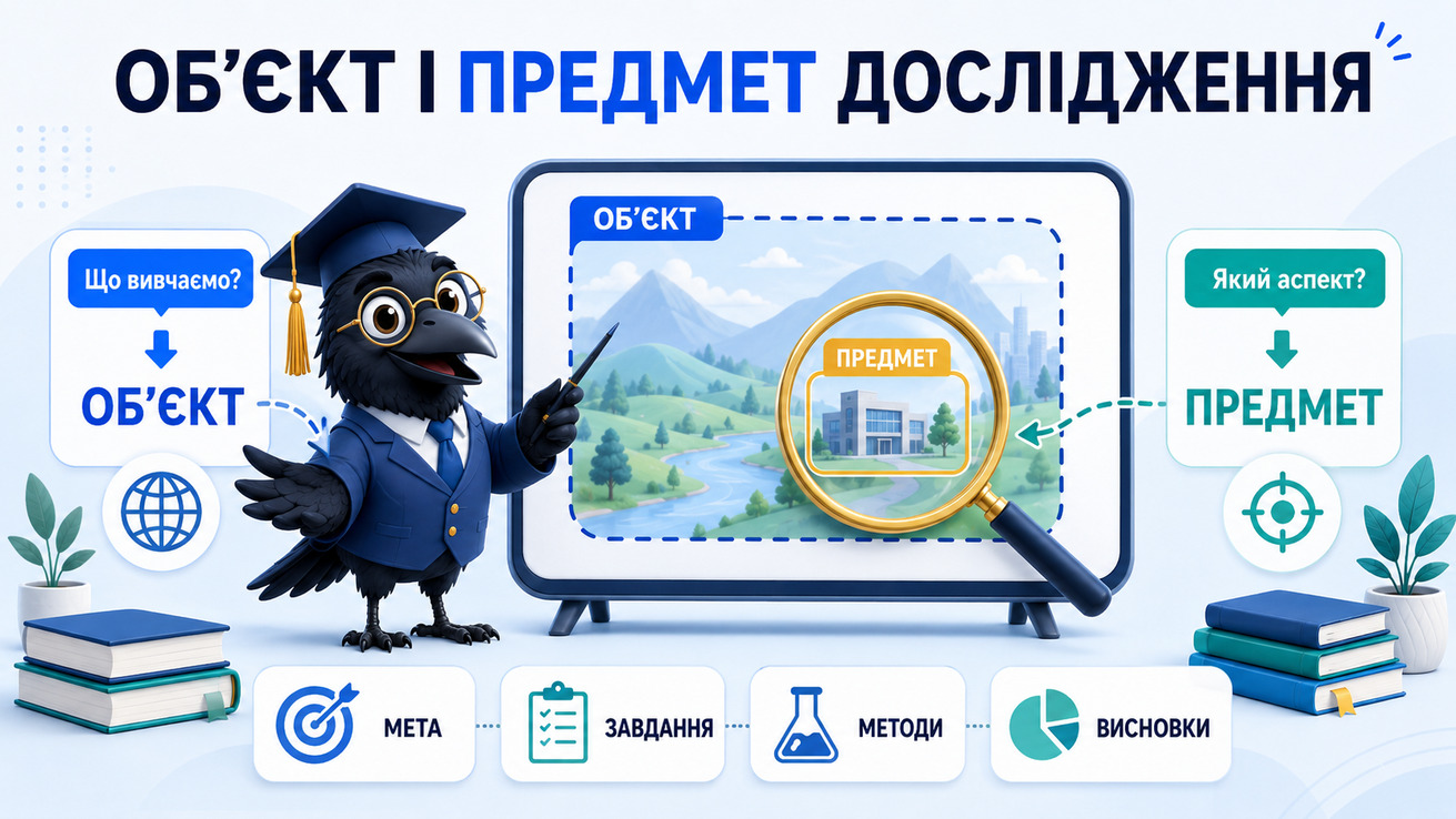 Ворон-аналітик в академічній шапочці пояснює різницю між об’єктом і предметом дослідження в дипломній роботі