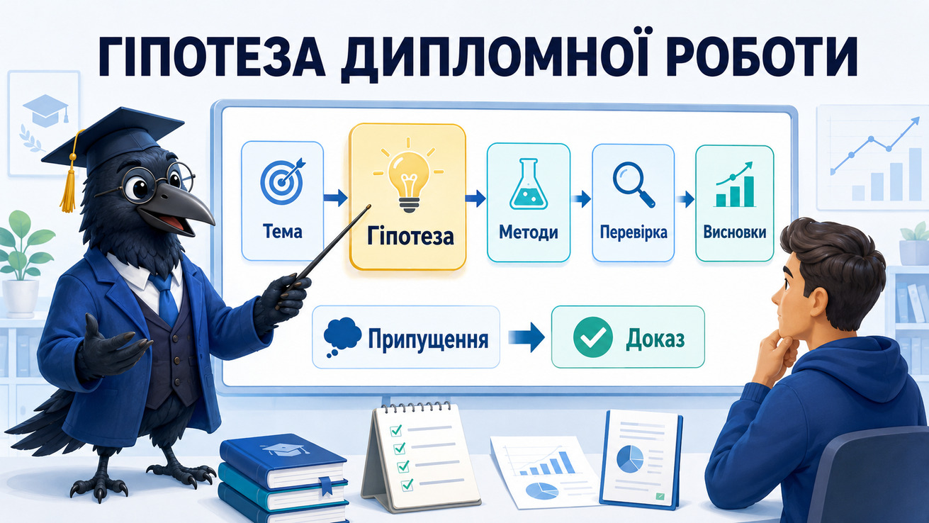 Ворон-аналітик в академічній шапочці пояснює, як сформулювати і перевірити гіпотезу дипломної роботи