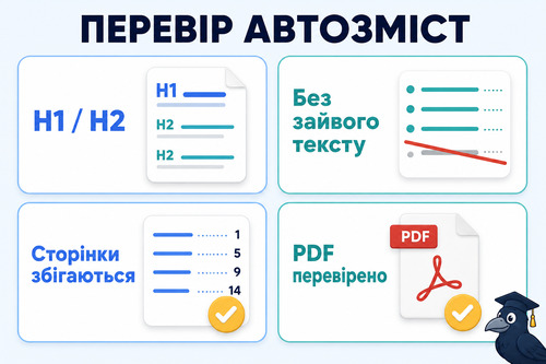 Інфографіка з чек-листом перевірки автозмісту у Word перед здачею дипломної роботи
