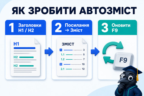 Інфографіка показує три кроки створення автозмісту у Word для дипломної роботи