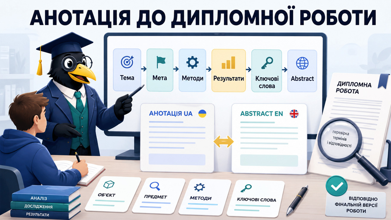 Ворон-аналітик в академічній шапочці допомагає студенту написати анотацію до дипломної роботи