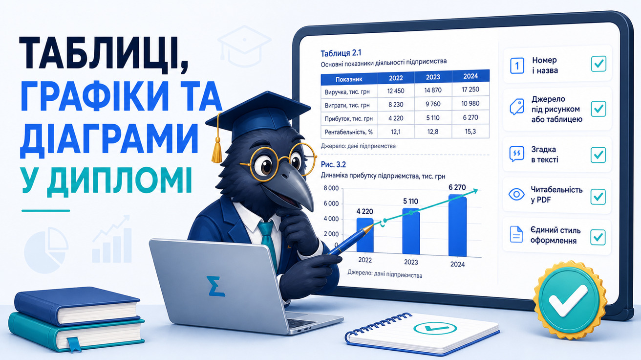 Ворон-аналітик перевіряє оформлення таблиць, графіків і діаграм у дипломній роботі