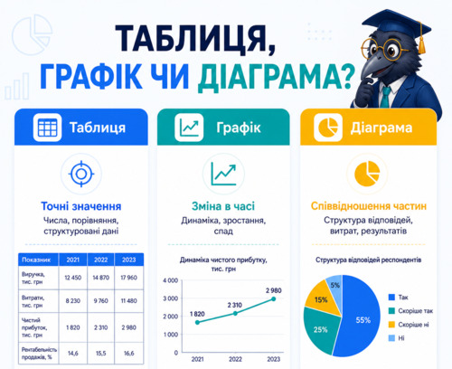 Інфографіка з поясненням, коли використовувати таблицю, графік або діаграму в дипломній роботі