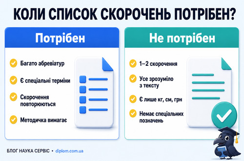 Інфографіка пояснює, коли у дипломній роботі потрібен список скорочень, а коли без нього можна обійтися
