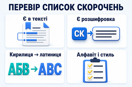 Інфографіка з чек-листом перевірки списку скорочень у дипломній роботі перед здачею