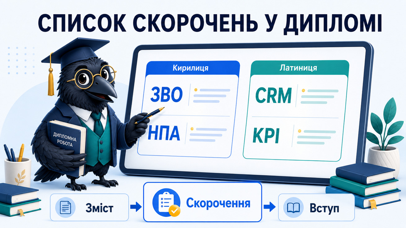 Ворон-аналітик в академічній шапочці показує, як оформити список скорочень у дипломній роботі