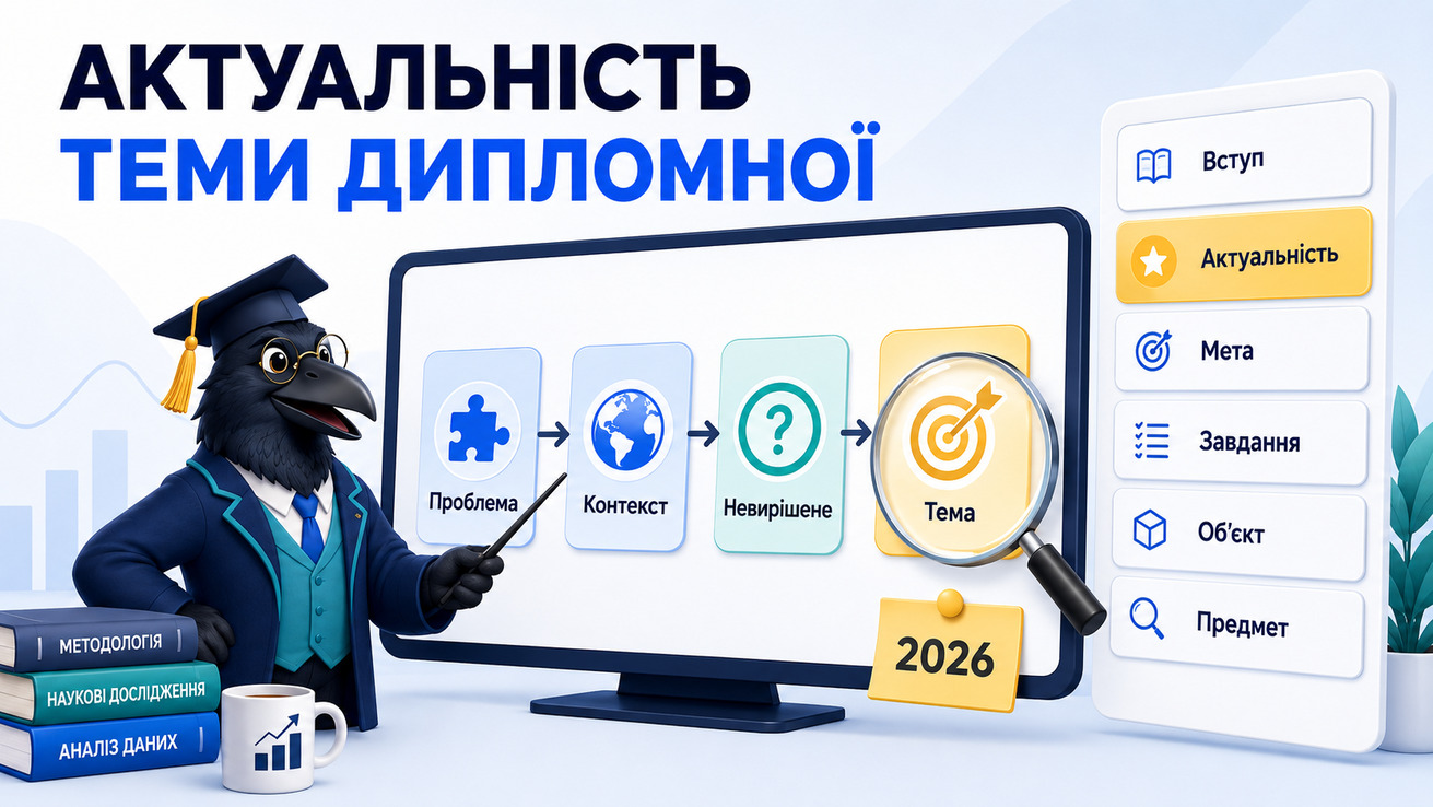Ворон-аналітик в академічній шапочці пояснює, як обґрунтувати актуальність теми дипломної роботи