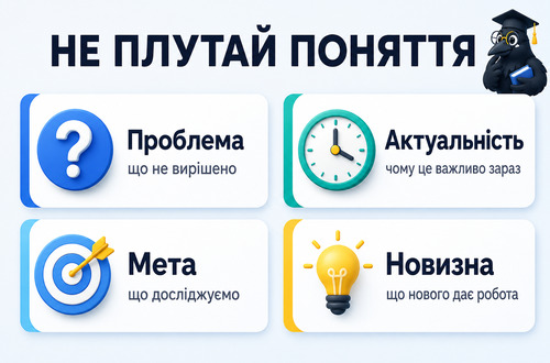 Інфографіка пояснює різницю між проблемою, актуальністю, метою і новизною в дипломній роботі