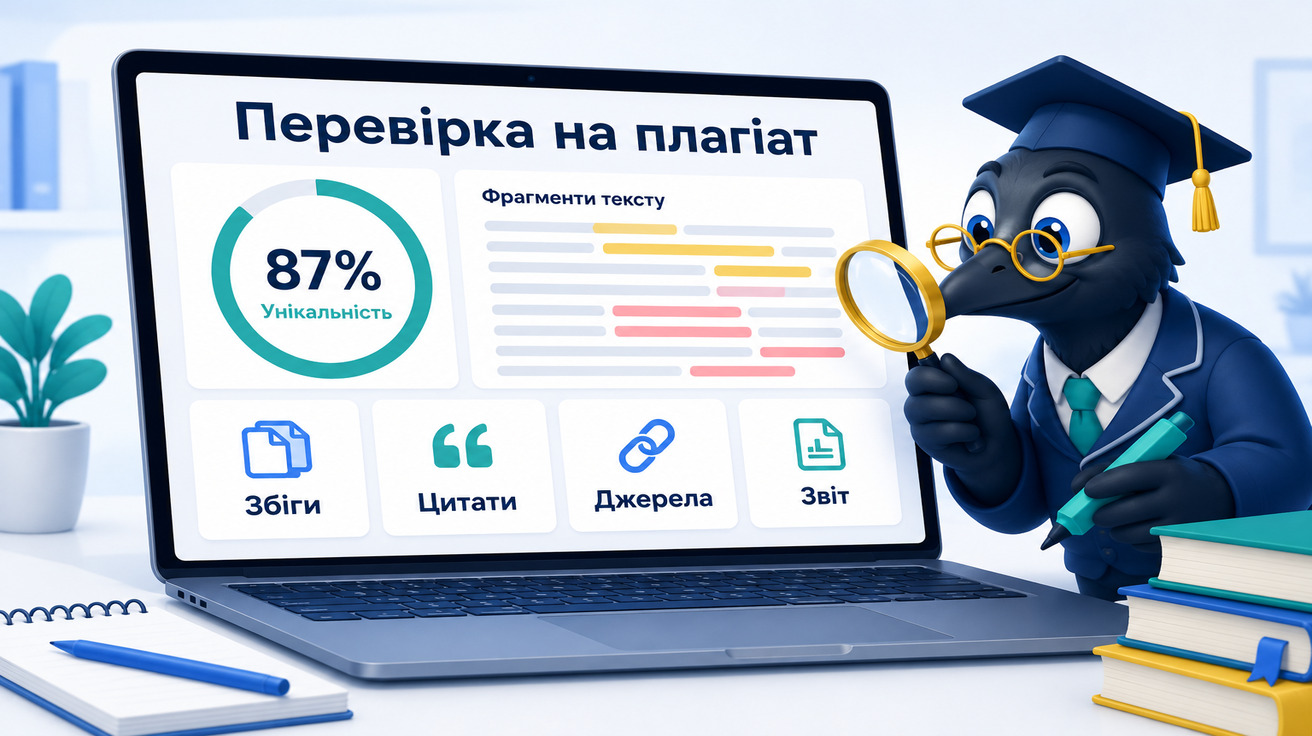 Ворон-аналітик перевіряє дипломну роботу на плагіат через онлайн-звіт
