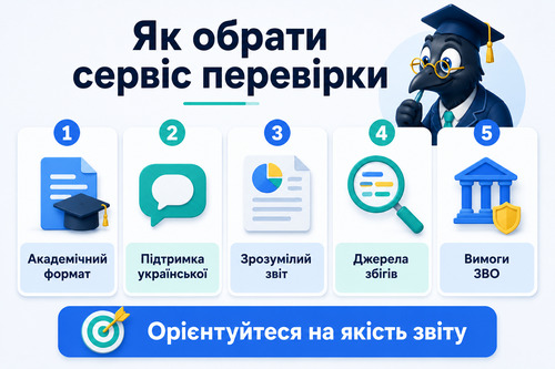 Інфографіка з критеріями вибору сервісу перевірки дипломної на плагіат