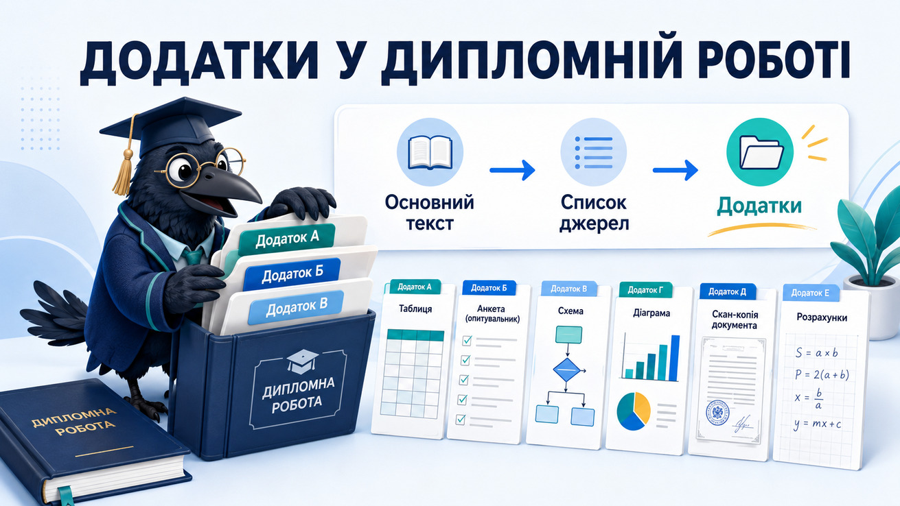 Ворон-аналітик в академічній шапочці показує, як оформити додатки у дипломній роботі