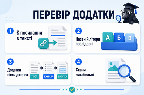 Інфографіка з чек-листом перевірки додатків у дипломній роботі перед здачею