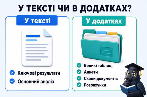 Інфографіка показує, що залишати в основному тексті дипломної, а що виносити в додатки