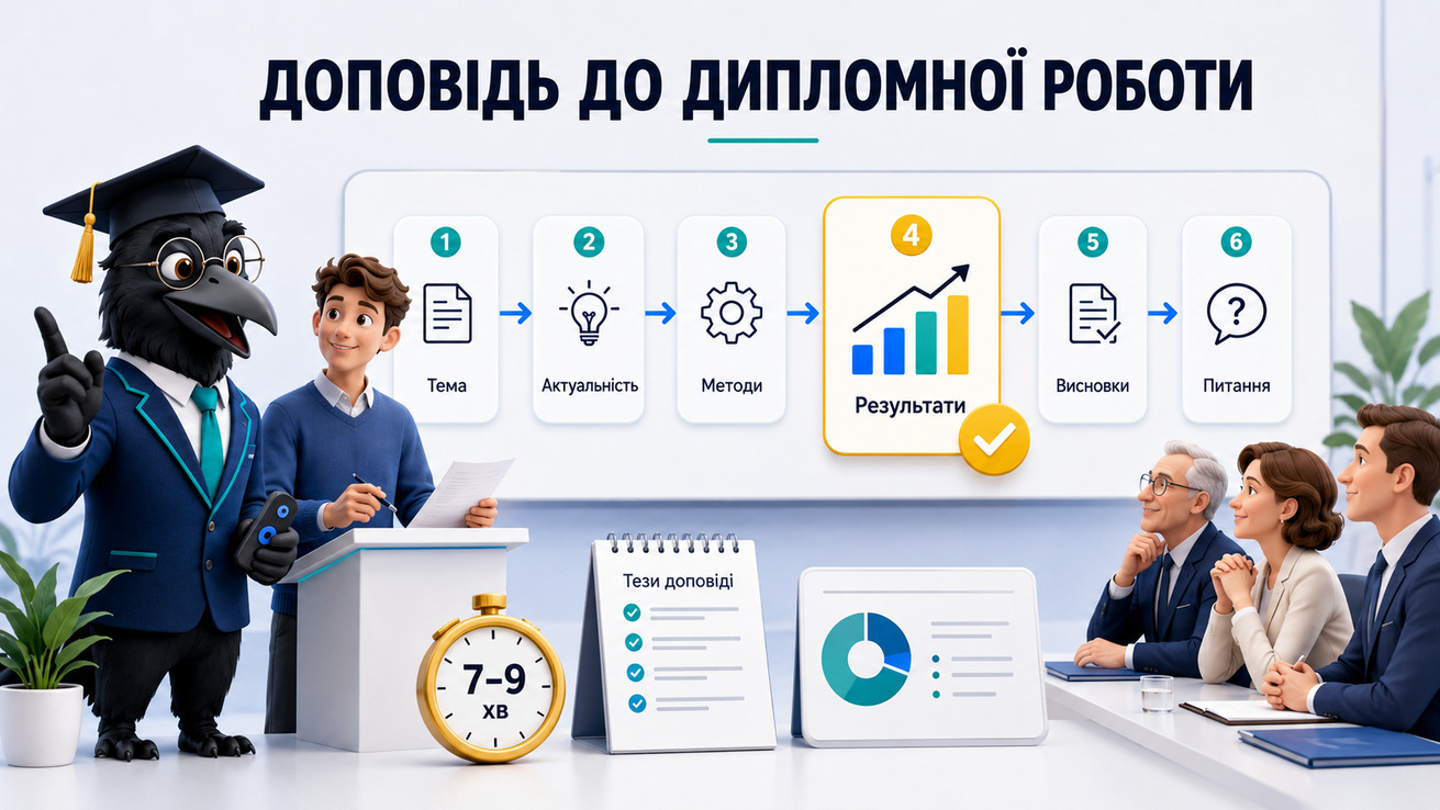 Ворон-аналітик в академічній шапочці допомагає студенту підготувати доповідь до захисту дипломної роботи
