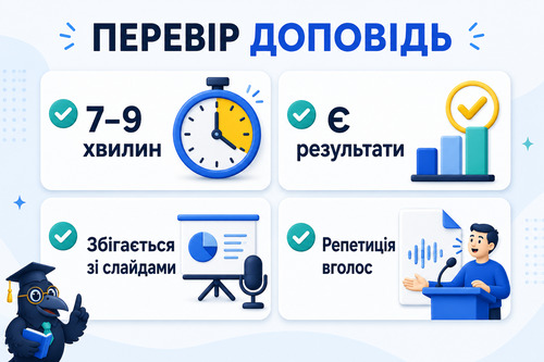 Інфографіка з чек-листом перевірки доповіді до дипломної роботи перед захистом
