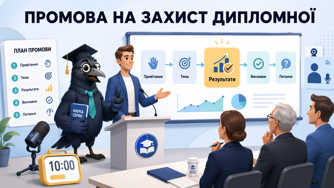 Ворон-аналітик в академічній шапочці допомагає студенту підготувати промову на захист дипломної роботи