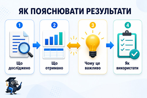 Інфографіка показує, як пояснювати результати дипломної роботи простими словами під час захисту