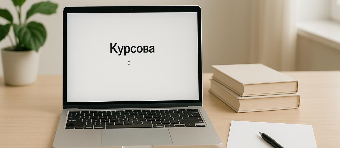 Світле робоче місце студента з ноутбуком, аркушем і книгами для написання курсової роботи