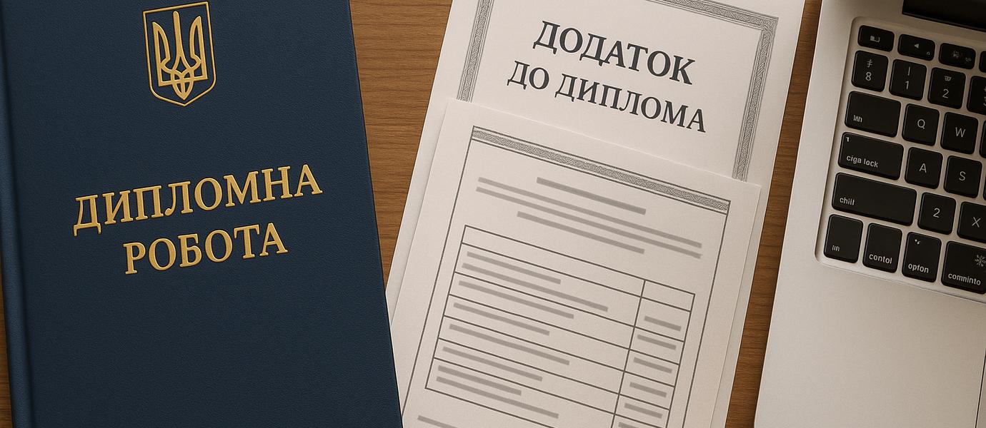 Дипломна робота з додатками, розміщена на столі поруч із ноутбуком, додатки оформлені відповідно до академічних вимог