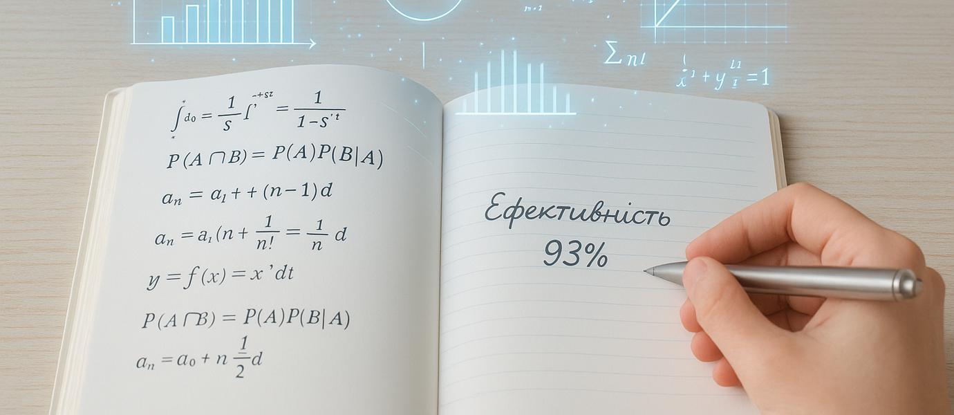 Рука студента вписує результат розрахунків у дипломній роботі — ефективність 93%