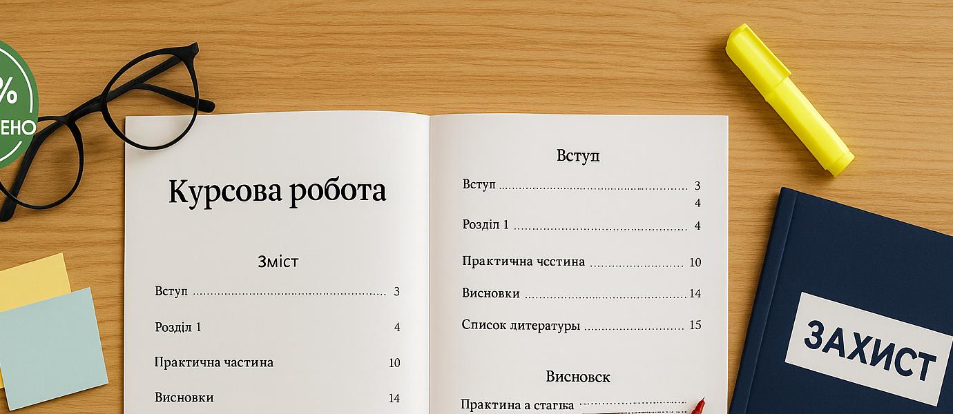 Курсова робота на дерев’яному столі з червоною ручкою, флешкою, окулярами та кольоровими стікерами