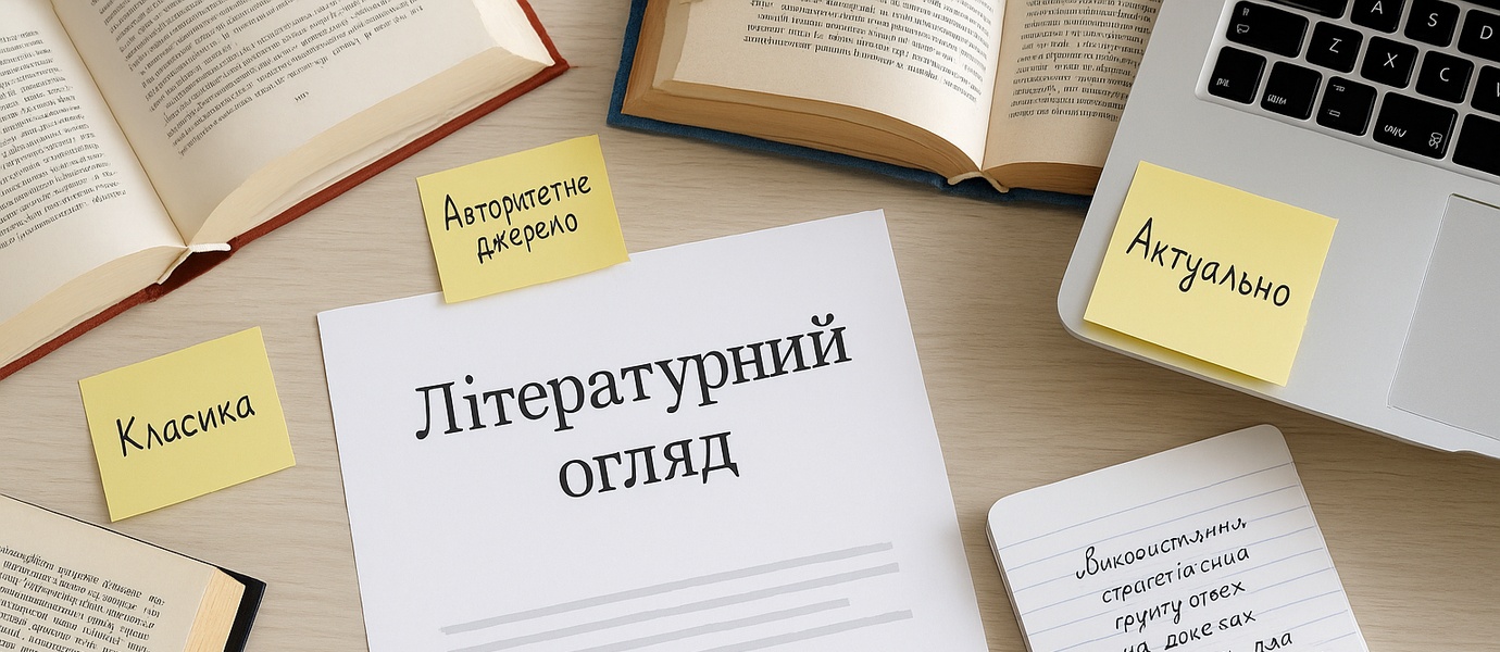 Робочий стіл з підготовкою літературного огляду до дипломної роботи: книги, нотатки, документ із заголовком «Літературний огляд»