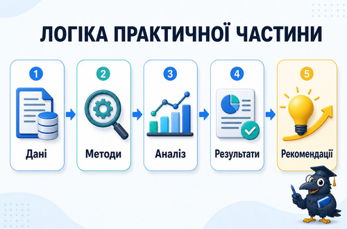 Інфографіка показує логіку практичної частини дипломної роботи від даних до рекомендацій
