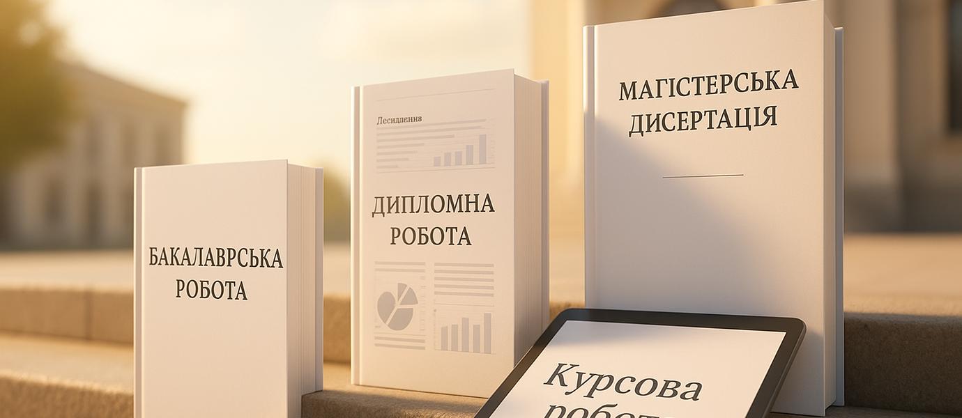 Три дипломні роботи — бакалаврська, дипломна та магістерська — розташовані як сходинки