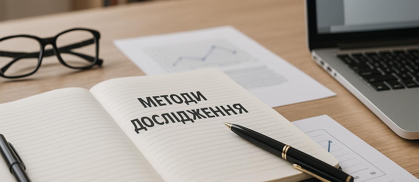 Робоче місце студента з відкритим зошитом, ноутбуком і графіками для вибору методів дослідження у курсовій роботі