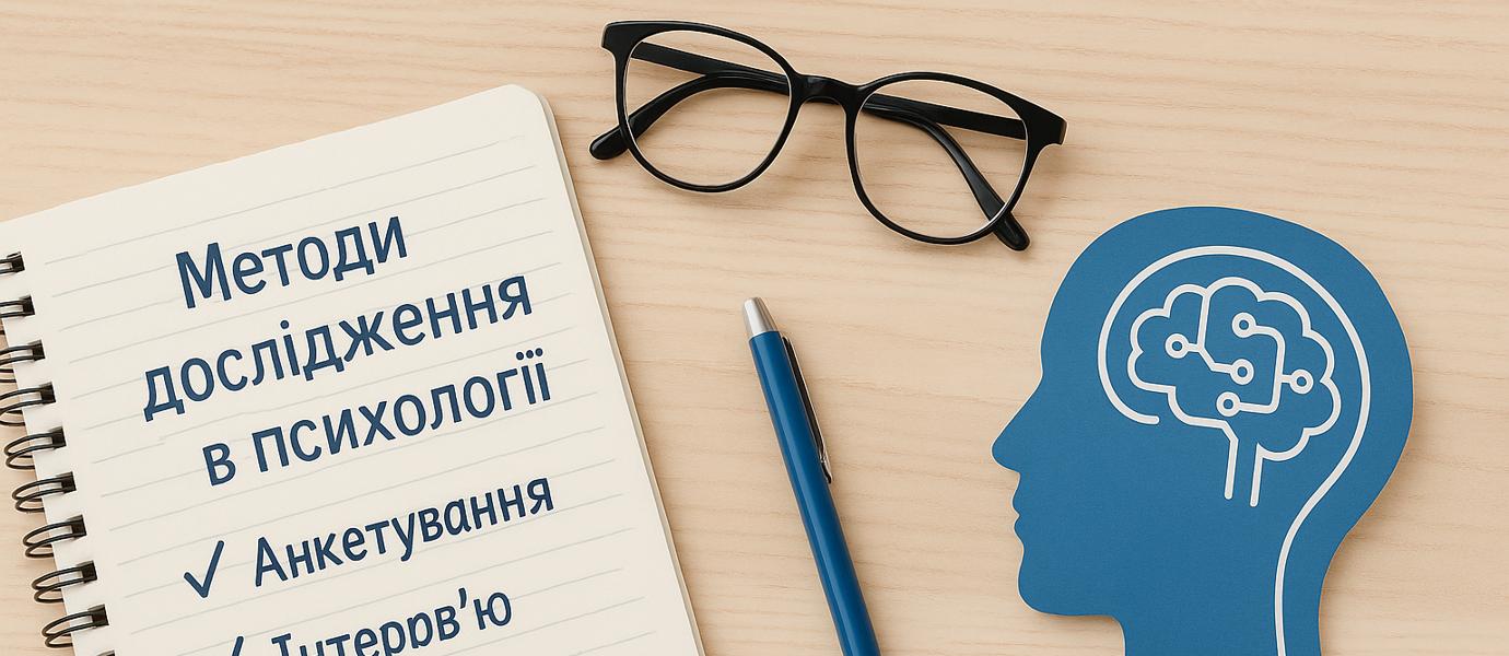 Методи дослідження в психології: анкета, інтерв’ю, тестування, спостереження — список у зошиті поруч із силуетом голови